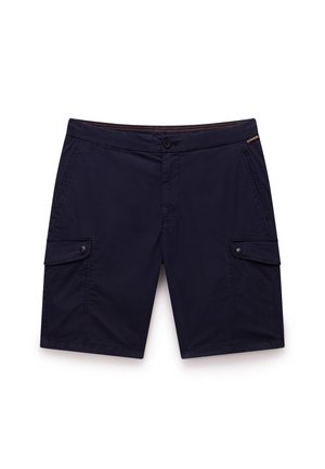 Laivastonsiniset cargo-shortsit, jotka on valmistettu kevyestä kankaasta. Niissä on kaksi sivutaskua, edessä napillinen sulku ja ompelut yksityiskohdat vyötäröllä.