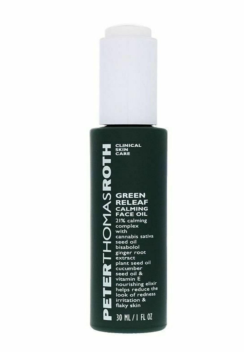 Mörkgrön glasflaska med vit pumpkork, märkt "Green Releaf Calming Face Oil," 30 mL. Innehåller ingredienslista och varumärkesnamn i vit text.