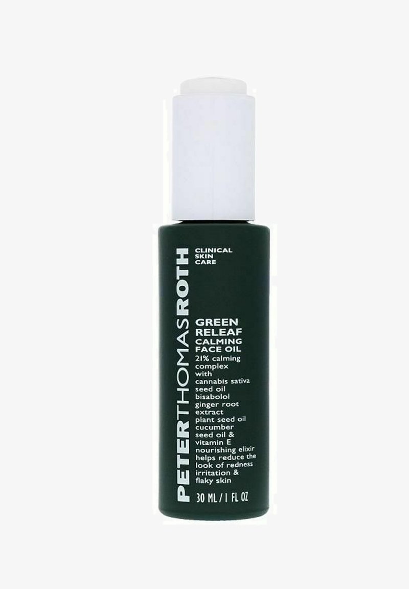 Mørkegrøn glasflaske med hvid pumpe-top, mærket "Green Releaf Calming Face Oil," 30 mL. Indeholder ingrediensliste og brandnavn i hvid tekst.
