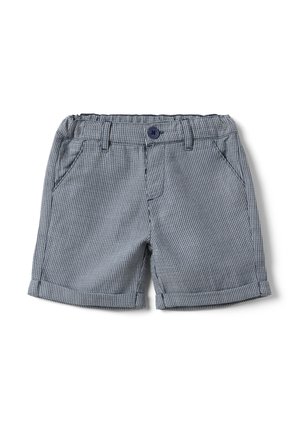 Pantalones cortos para niño pequeño a rayas azules y blancas con cierre de botón, cintura elástica, trabillas para cinturón, bolsillos delanteros y bajos con dobladillo.