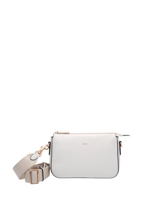 Bela pravokotna torbica čez ramo z zlatim zadrgo in snemljivim nastavljivim trakom, z blagovno znamko "JOOP!" v majhnih zlatih črkah.