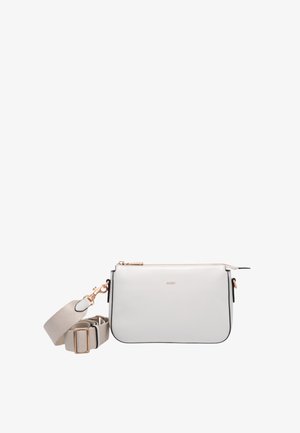 White rectangular crossbody bag with gold zipper and detachable adjustable strap, branded "JOOP!" in small gold letters.