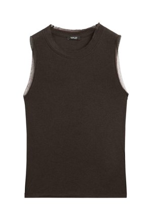 Haut sans manches brun foncé en coton doux, avec un col ras du cou et une coupe légèrement décontractée, doté de bords bruts au niveau des emmanchures.
