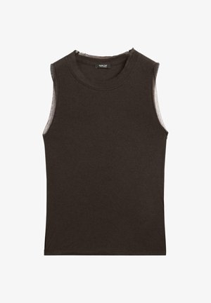 Dark brown sleeveless top made of soft cotton, featuring a crew neck and a slightly relaxed fit with raw edges at the armholes.