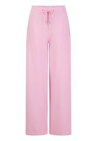 Roze wijde broek van zacht materiaal. Voorzien van een elastische tailleband met een trekkoord en twee zijzakken. Een gladde textuur over de hele broek.