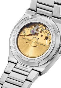 Automatic wristwatch with a transparent case back showcasing a gold-colored movement. Stainless steel band and case, labeled "Sapphire" and "Automatic."