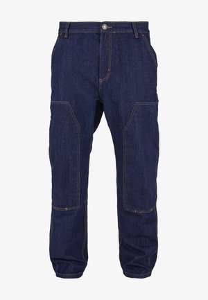 Pantaloni cargo in denim blu scuro con cuciture gialle. Presentano due tasche frontali e due tasche laterali con un design a vestibilità rilassata.