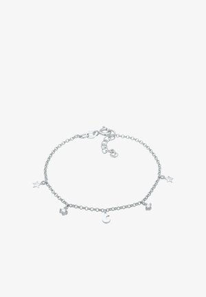 Silberne Kettenarmband mit hängenden Charms in Form eines Sterns, eines Mondes und eines Tiers, ausgestattet mit einem Karabinerverschluss und verstellbarer Länge.