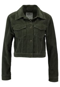 Przycięta zielona kurtka z kordurowego materiału z kołnierzem, dwiema kieszeniami na piersi oraz zapięciem na guziki; charakteryzuje się pionową teksturą prążkowaną i metalowymi guzikami.