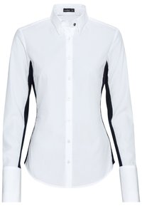 Camicia bianca con bottoni, caratterizzata da maniche lunghe con pannelli laterali blu navy. Design con colletto, texture liscia e polsini standard.