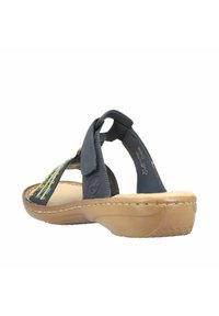 Navy blue sandals with a textured footbed, detailed with multicolored beads and a velcro strap. The sole is light brown and slightly cushioned.