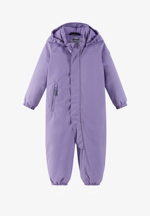 Purple insulated snowsuit with a hood, front zipper, and elastic cuffs. Features a zippered side pocket and a smooth, water-resistant fabric.