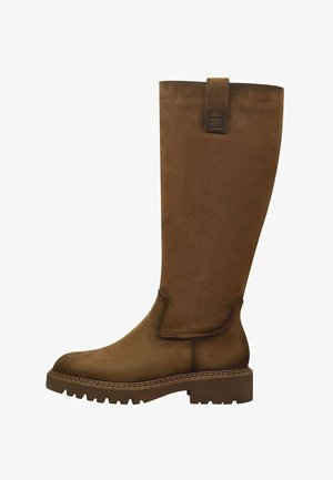Brown leather knee-high boot with a smooth texture, a rounded toe, grip sole, and a small decorative tab at the top.