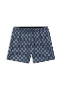 Calções de banho azuis com um padrão repetido do logótipo "HUGO" em preto e azul claro, com cintura elástica e fecho com cordão.