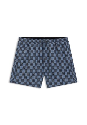 Blauwe zwembroek met een herhalend zwart en lichtblauw "HUGO" logo patroon, voorzien van een elastische tailleband en trekkoordsluiting.