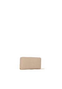 Beige lynlås-wallet med en tekstureret stofoverflade, rektangulær form, afrundede kanter og en lille metal lynlåstræk.