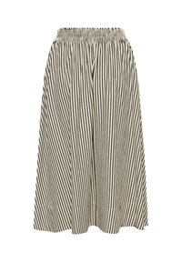Black and white vertically striped midi skirt with an elastic waistband and a loose, flowing fit. No visible logos or embellishments.
