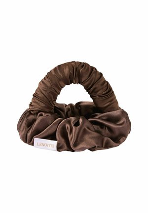 Brown satin scrunchie with a gathered design and a white tag labeled "LENOITES" on a white background.