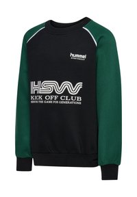 Svart och grön sweatshirts med långa ärmar, ribbade muddar och rundad halsringning. Har vitt logotyp-text och kontrasterande axeldesign.