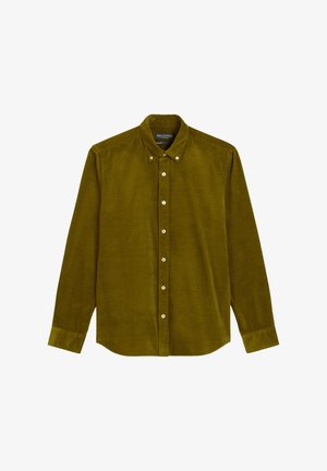 Olive green corduroy shirt with long sleeves, button-down collar, and white buttons along the front, featuring textured vertical lines.