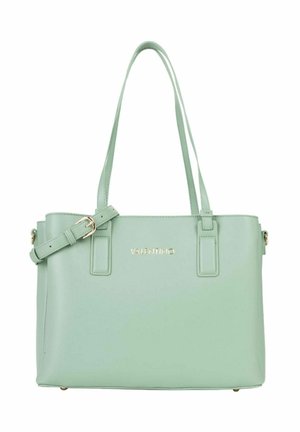 Sac fourre-tout vert menthe en matière synthétique lisse, doté de ferrures dorées, de bretelles réglables et d'un logo sur le devant. Forme rectangulaire.