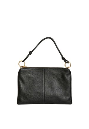 Borsa da polso in pelle nera con cinturino annodato e anelli in metallo dorato, chiusura con cerniera, superficie texturizzata, forma rettangolare.