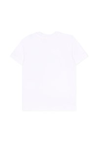 Maglietta bianca in cotone con maniche corte, design classico con scollo a girocollo, texture liscia e senza motivi o grafiche visibili.