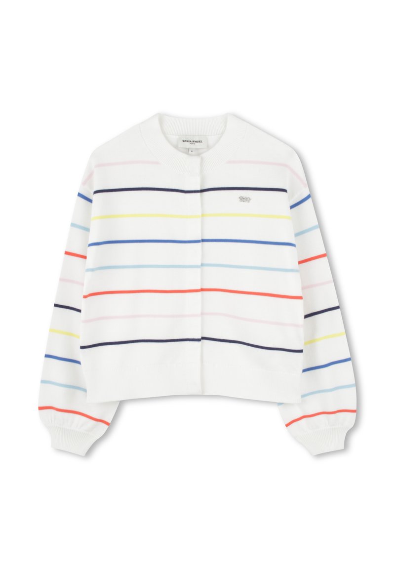 Striped white cropped sweater with long sleeves. Features multicolored horizontal stripes in pink, blue, yellow, red, and navy.
