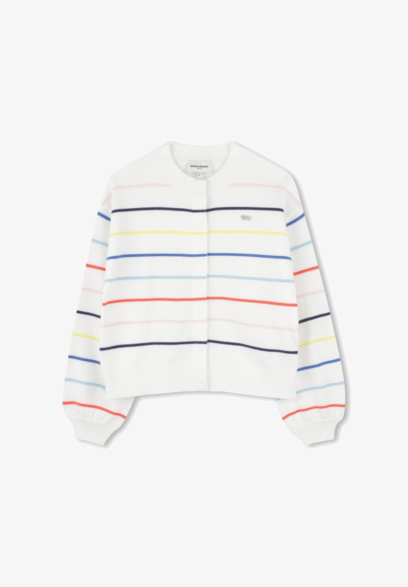 Gestreepte witte cropped sweater met lange mouwen. Heeft meerkleurige horizontale strepen in roze, blauw, geel, rood en marineblauw.