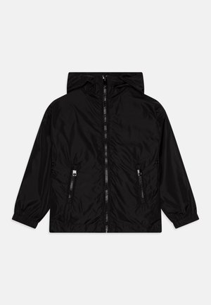 Black lightweight jacket with a hood, zippered front, elastic cuffs, and two side pockets, made of shiny, smooth fabric.