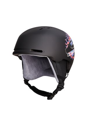 Matte black helmet with vibrant flame graphics, interior padding, adjustable chin strap, and ventilation slots for breathability.