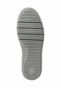 Grijze rubberen zool met horizontale en verticale gripgroeven, afgeronde hak en een ronde accent in het midden. Gemarkeerd met "tamaris 37."