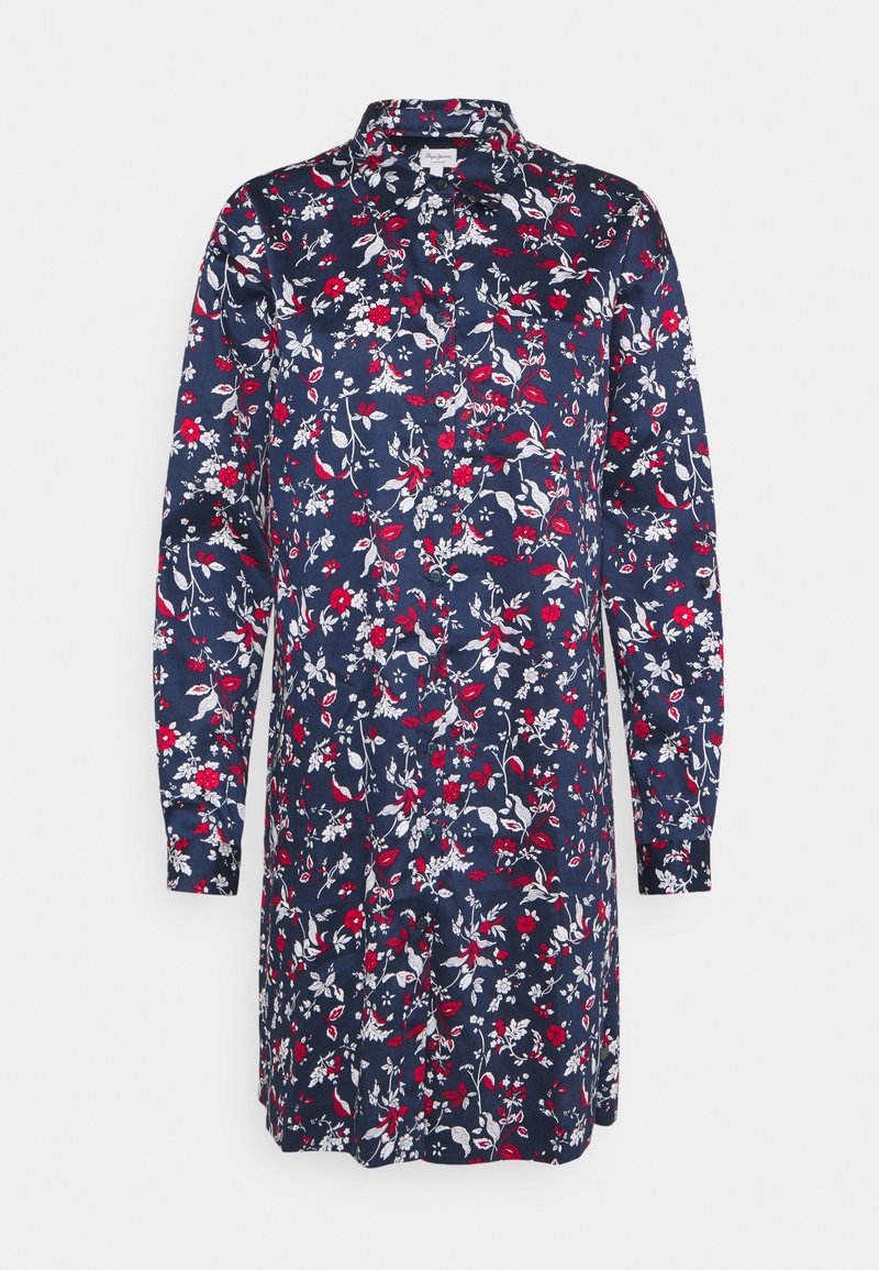 Robe chemise bleu marine à manches longues avec motif floral rouge et blanc et fermeture boutonnée devant.