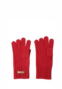 Rote Wollhandschuhe mit gerippten Bündchen, im fingerlosen Design. An dem Handgelenk ist ein kleines rechteckiges Etikett mit Markendetails angenäht.