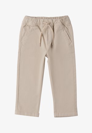 Beige Baumwollhose mit elastischem Bund, verstellbarem Kordelzug und zwei Seitentaschen. Gerades Bein Design mit genähtem Saum.