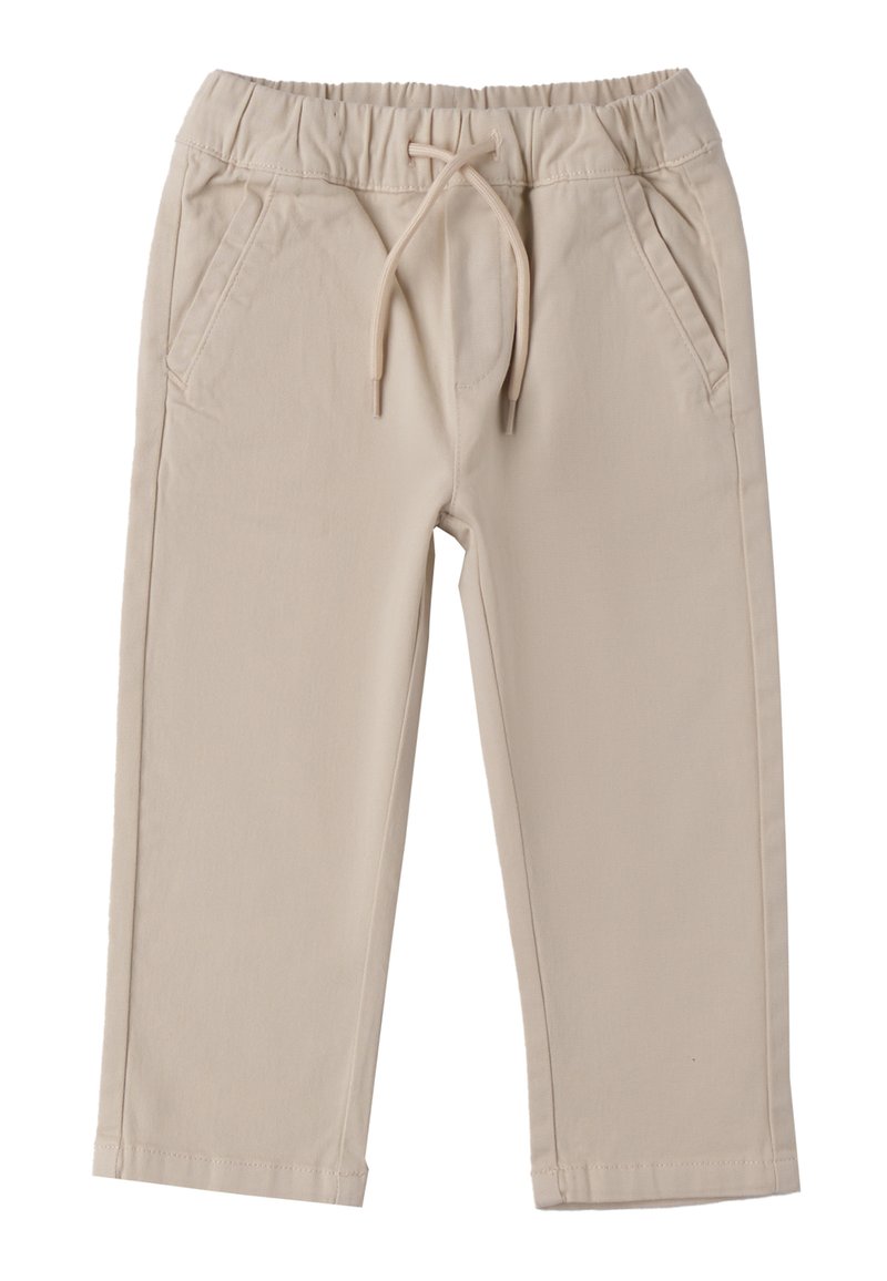 Pantaloni in cotone beige con vita elasticizzata, cordino regolabile e due tasche laterali. Design a gamba dritta con orlo cucito.