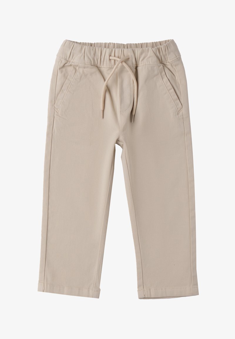 Pantaloni in cotone beige con vita elasticizzata, cordino regolabile e due tasche laterali. Design a gamba dritta con orlo cucito.