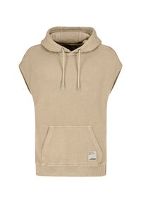 Beige ärmellose Kapuzenjacke mit einer Fronttasche, Kordelzügen und einem strukturierten Stoff. Besitzt ein Etikett auf der unteren rechten Seite.