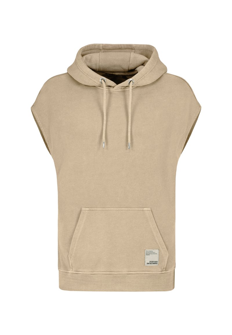 Beige ärmellose Kapuzenjacke mit einer Fronttasche, Kordelzügen und einem strukturierten Stoff. Besitzt ein Etikett auf der unteren rechten Seite.