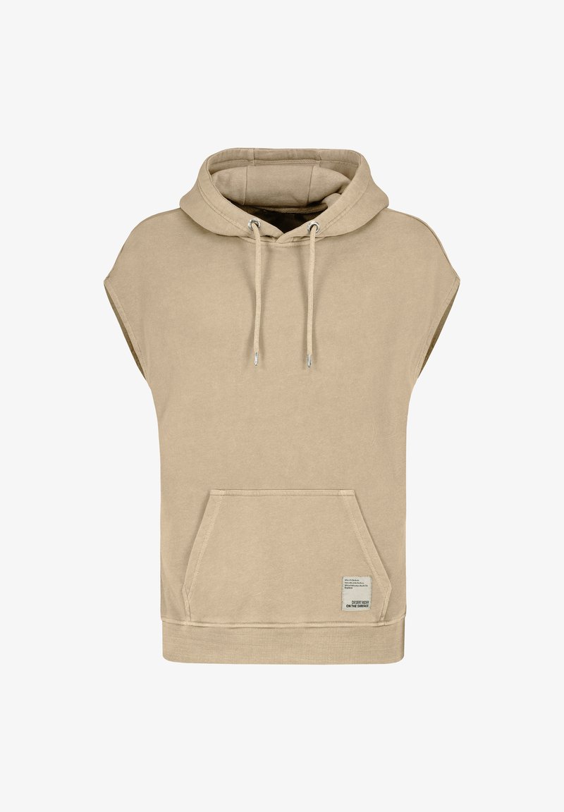 Beige ärmellose Kapuzenjacke mit einer Fronttasche, Kordelzügen und einem strukturierten Stoff. Besitzt ein Etikett auf der unteren rechten Seite.