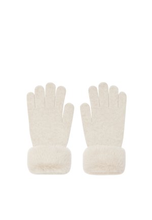 Pair of cream-colored knit gloves with fluffy fur cuffs, displayed palm side up on a white background.