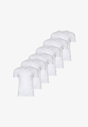Six t-shirts blancs à manches courtes avec un col en V, fabriqués en tissu lisse, présentant une coupe régulière et des coutures uniformes.