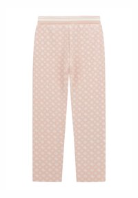 Un pantalon de pyjama rose avec un motif floral blanc, une taille élastique avec des détails rayés et une coupe droite.