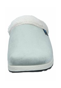 Light blue slipper with a soft faux fur cuff, rounded shape, smooth texture, and a white sole. Features a small tag on the side.