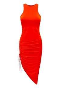 Rotes ärmelloses Kleid mit enganliegendem Schnitt, asymmetrischem Saum und gerafftem Seitendetail mit verstellbarem Kordelzug. Glattes, dehnbares Material.