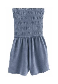 Rompers bleu avec un corsage smocké, un col élastique et des shorts fluides. Fabriqué en tissu léger et texturé avec un motif subtil.
