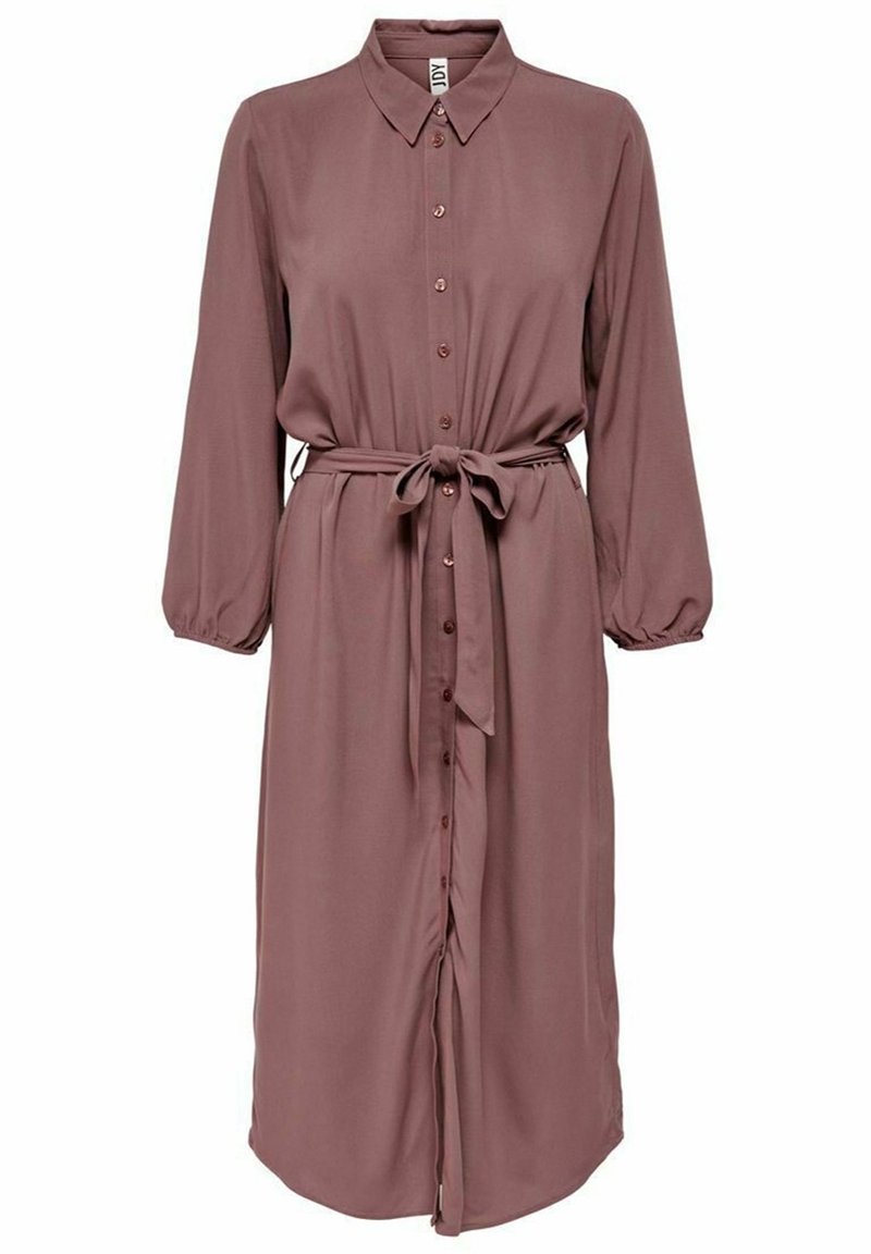 Robe longue mauve à boutons avec col, manches longues, poignets élastiques et une ceinture en tissu nouée à la taille.