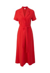 Rotes Hemdblusenkleid mit kurzen Ärmeln, Kragen und einem selbstbindenden Gürtel. A-linienförmiger Rock mit strukturiertem Stoff und knielangem Saum.