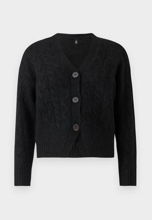 Cardigan noir en tissu tricoté texturé, avec un col en V, des manches longues et quatre grands boutons sur le devant.