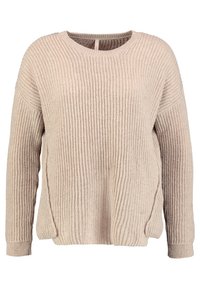 Vaaleanbeige, ribbineulottu pusero pyöreällä pääntiellä ja pitkillä hihoilla. Sivussa halkiot rentoa istuvuutta varten ja teksturoitu kangas.